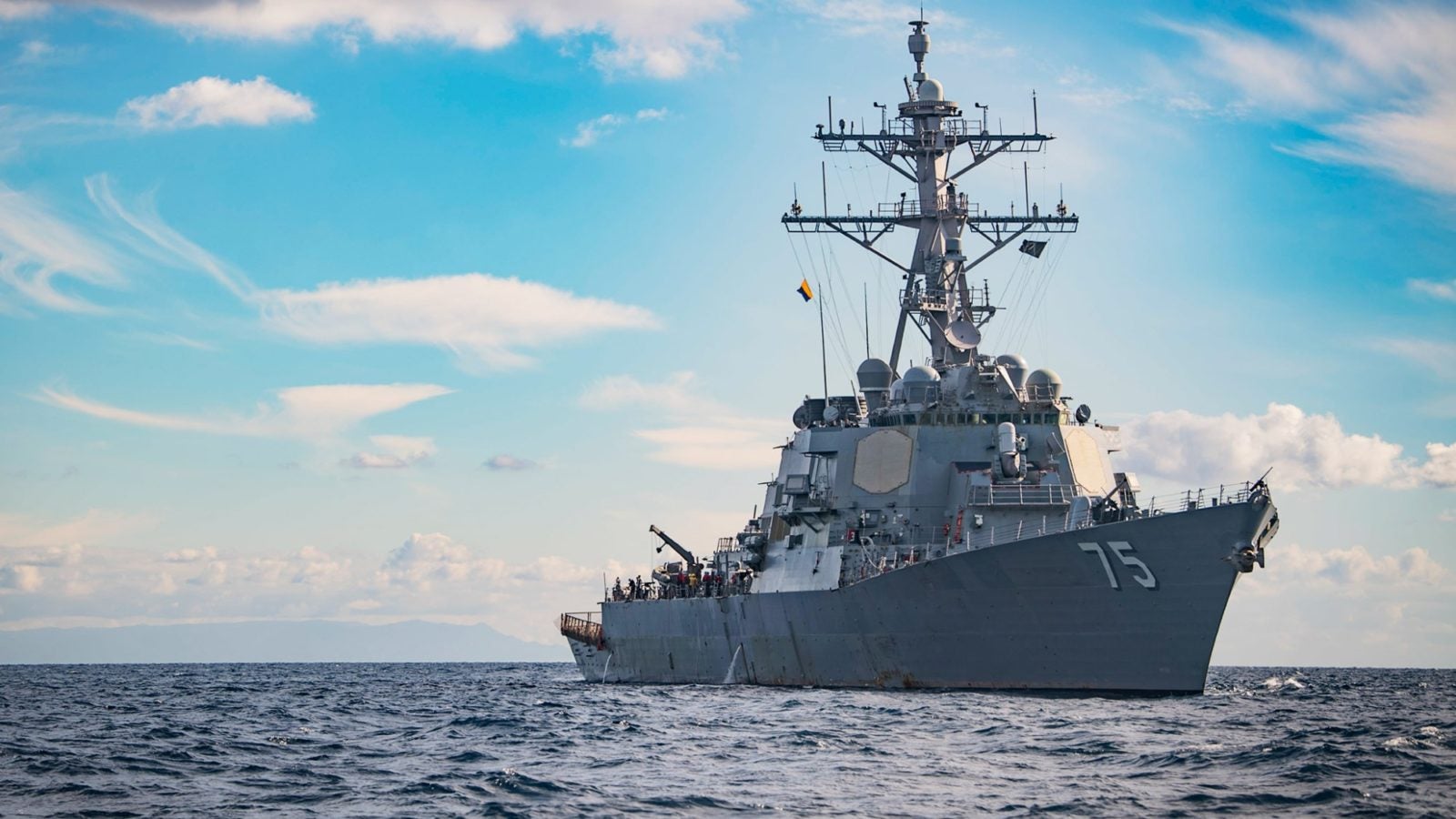 The Arleigh Burke-class guided-missile destroyer USS Donald Cook transits the Mediterranean Sea