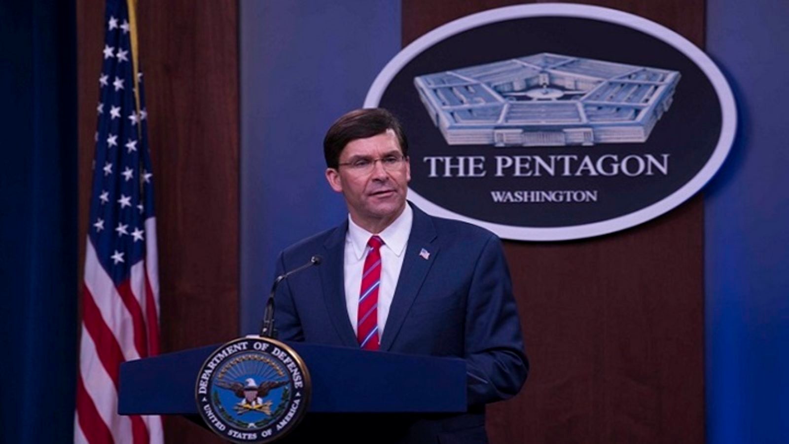 Secretary of Defense Mark Esper speaks from the Pentagon