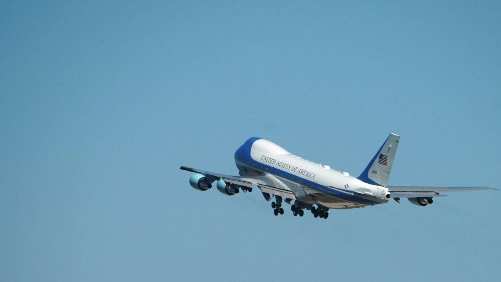 Air Force One takes off on a clear day