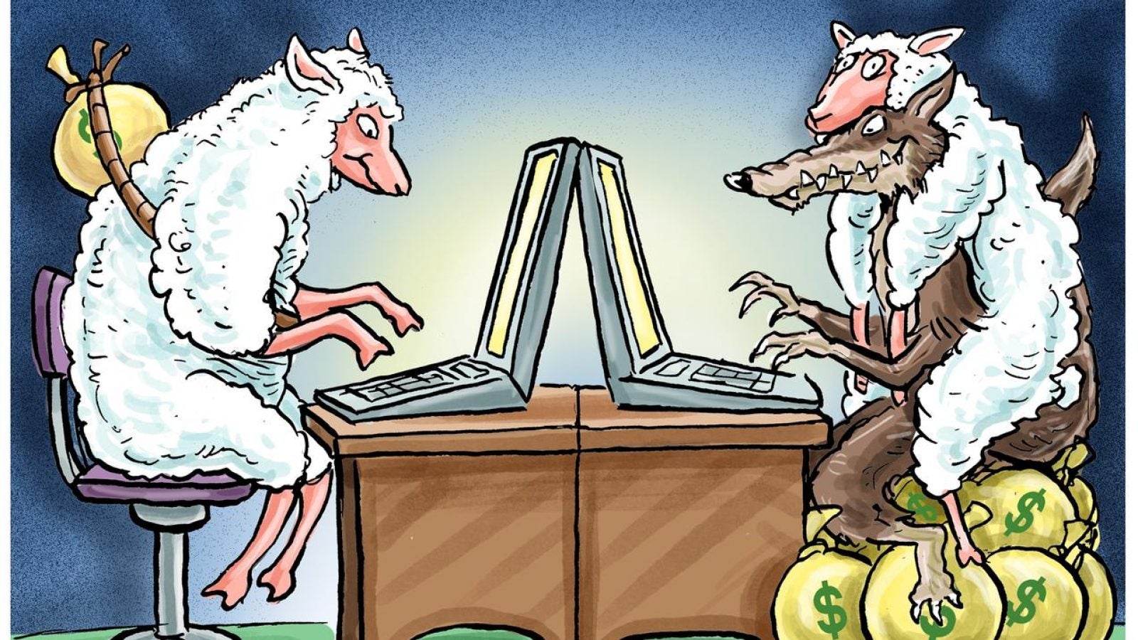 A cartoon drawing shows a sheep with a sack of money on its back typing at a computer, facing a wolf in a sheep&#039;s covering, also typing at a computer and sitting on top of a large pile of sacks of money.